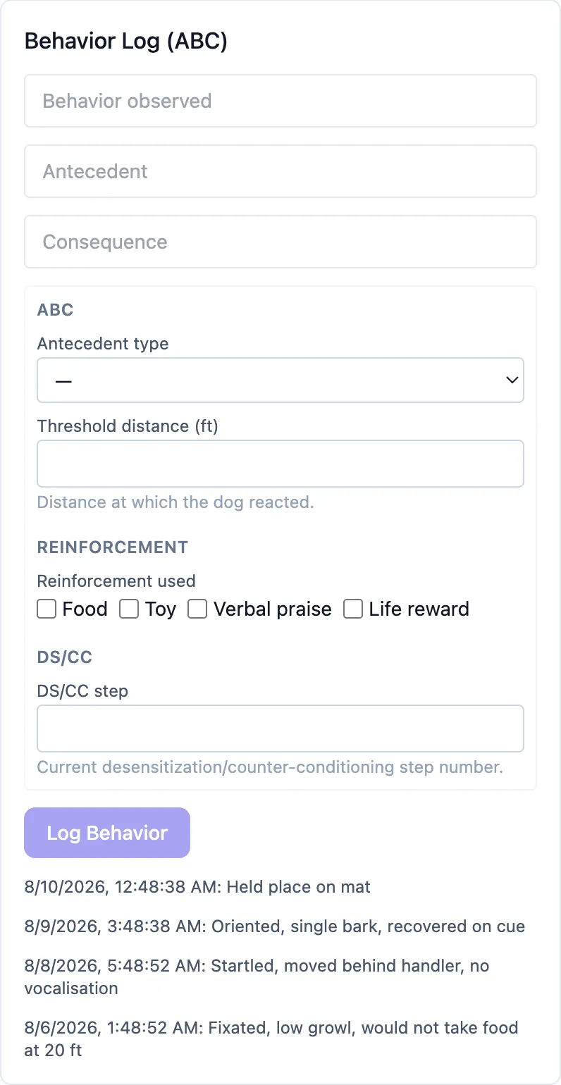 Pet Ops behavior log on a phone under the Science-Based pack, showing antecedent, behavior and consequence fields, an antecedent type selector, threshold distance in feet, reinforcement used, and a DS/CC step number, with four logged observations beneath