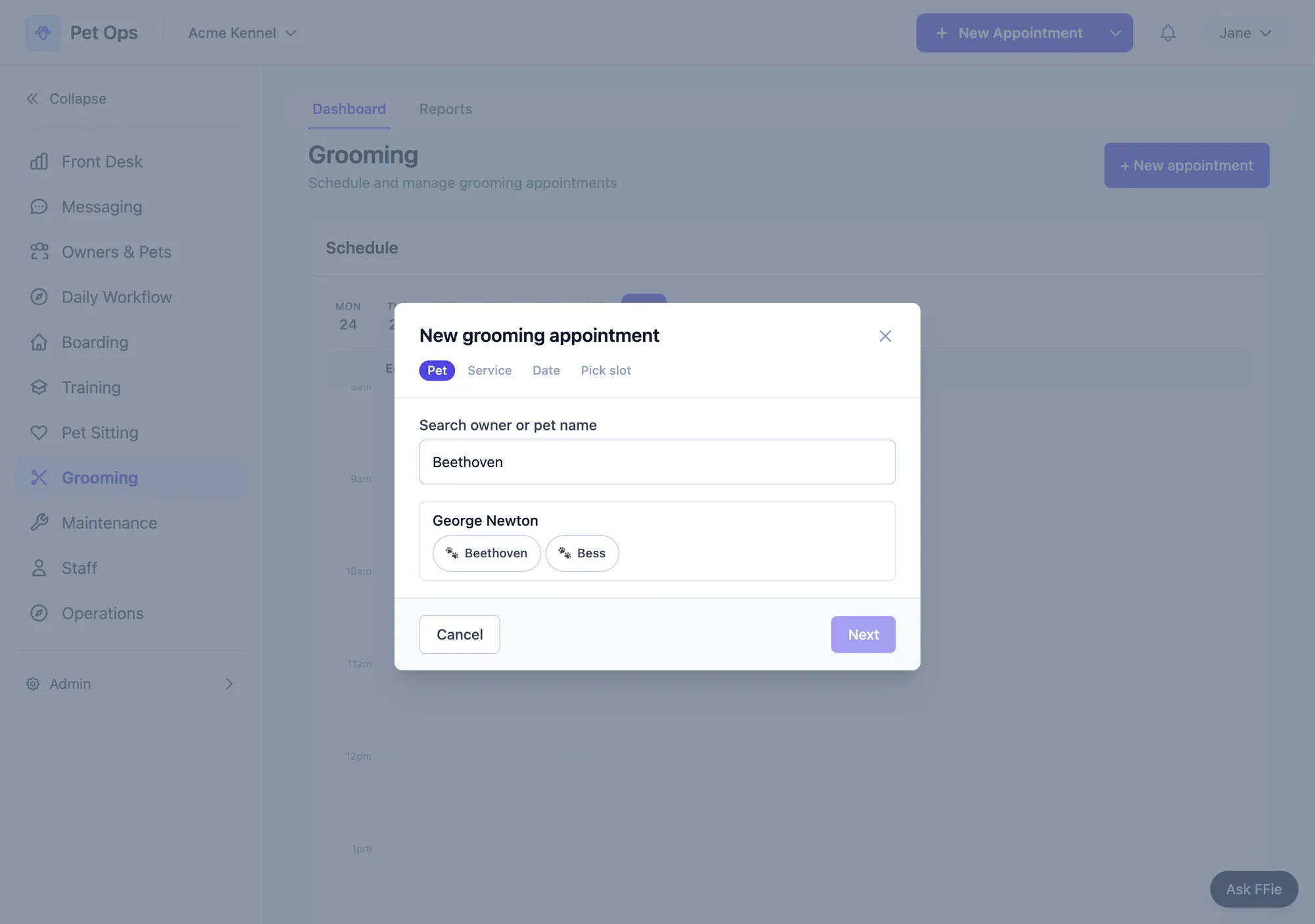 The Pet Ops new grooming appointment wizard, showing its four steps: pet, service, date and pick slot, with an owner's pets listed after a name search.