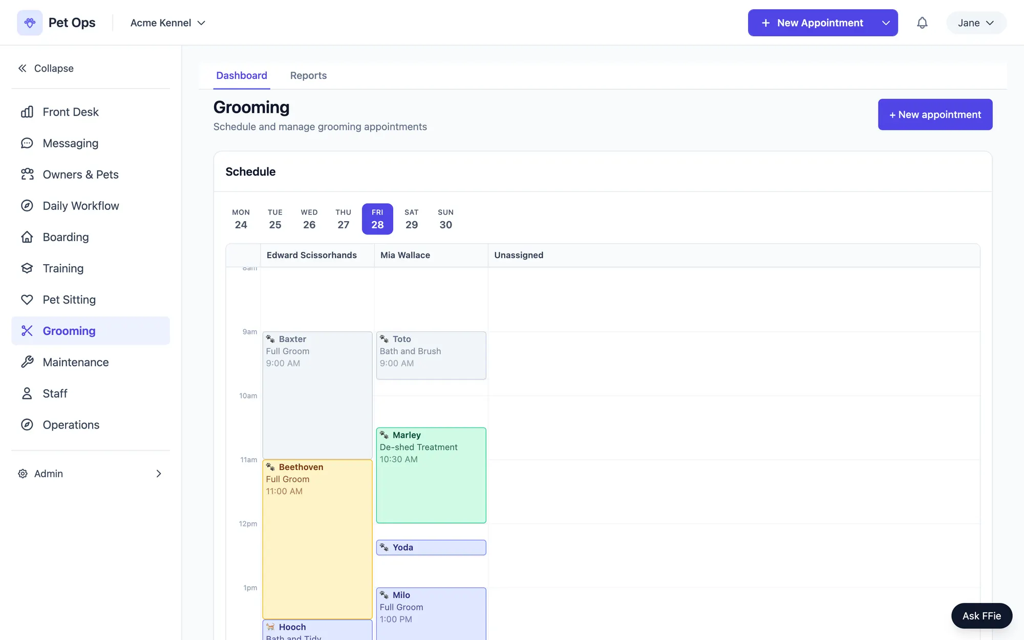 The Pet Ops grooming schedule for one day, with a column per groomer, an unassigned column, and appointments colour coded by status from booked through ready for pickup.