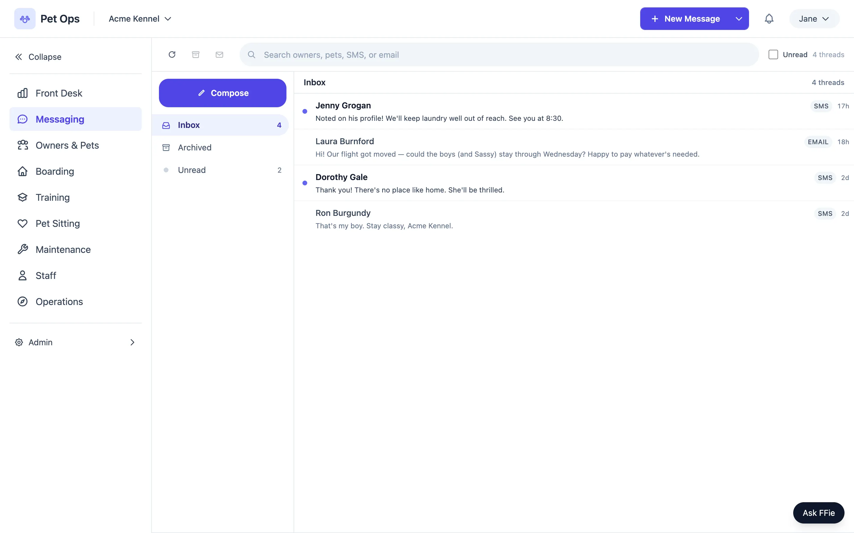 Pet Ops messaging inbox showing four owner conversation threads with unread indicators and SMS or email channel chips