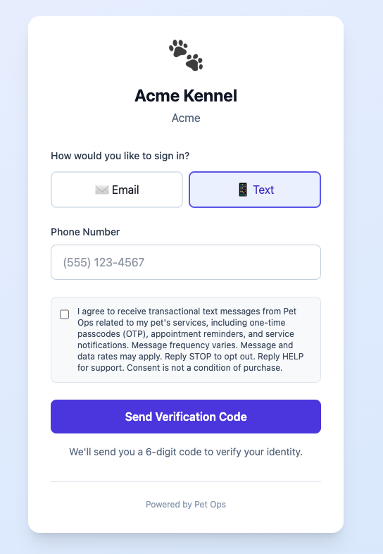 Screenshot showing the SMS opt-in checkbox on the pet owner portal login when the Text channel is selected. The checkbox is unchecked by default with the full disclosure text visible.